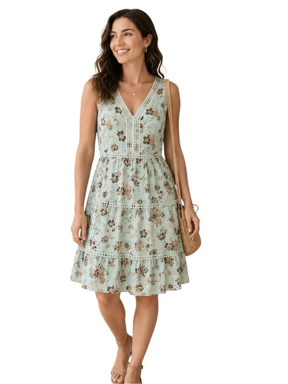 LOFT Mint Green Floral Lace Trim Midi Dress Cottagecore Wedding Guest Dress Sz 8